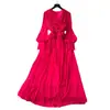 Vestido francês de alta qualidade, elegante, com flor tridimensional, decote V, manga lanterna, afunilado na cintura, corte A, pingente grande, saia longa