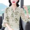 Blusa Feminina de Manga Comprida Primavera Nova Solta e Estilosa Fresca Juvenil Bonita Floral Chiffon com Fita de Seda