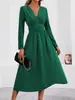Vestido Elegante Largo de Mujer para Otoño e Invierno, Color Sólido, Superpuesto, Cuello en V, Manga Larga, Cintura Fruncida, Nuevo Vestido Largo para Mujer