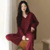 Novedad Otoño/Invierno 100% Algodón Cárdigan de Manga Larga Cuello en V Pijama para Mujer Ribete de Encaje Ropa de Casa Suave Conjunto de Algodón Puro