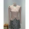 Blusa de tricô manga longa estilo francês para mulheres, moda outono e inverno, gola V, gola halter, cruzada, blusa base afina a silhueta, top único