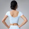 Top Esportivo com Costas em Tela Bonitas para Yoga Feminino, Modelador, com Bojo Fixo, Manga Curta, para Pilates, Treinamento Fitness