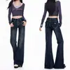 Pantalones acampanados azul oscuro estilo americano transfronterizos, adelgazantes, no ajustados, pantalones de campana elásticos, pantalones largos azul oscuro, longitud extendida azul oscuro, Yichun