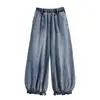 Foto Real de Jeans de Color Sólido de Pierna Ancha para Mujer con Parches Laterales, Pantalones Cortos tipo Bloomers de Color Claro, Pantalones de Campana, Pantalones de Trabajo para Otoño y Primavera