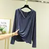 Ropa Exterior Camiseta de Manga Larga de Algodón Modal para Mujer Primavera y Verano Talla Grande con Capucha Cuello en V Holgada Camiseta Básica Color Sólido Pulóver Top Delgado