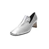 Sapatos de Salto Médio de Couro Bovino de Primeira Camada para Mulheres, Novidades da Primavera, Sapatos Individuais Quadrados Retro de Couro Genuíno Dourados e Prateados para Mulheres