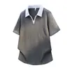 Camiseta Jeanswest Estilo Americano com Gola Reversível, Falso Duas Peças Texturizada para Homens, Verão, Alta Qualidade, Solta, Casual, Tendência, Marca, Manga Curta
