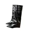 Punta fina, con plataforma para aumentar altura, botas largas de cuero para mujer con hebilla, moda, hasta la rodilla, modelo nuevo 2026, botas de montar con tacón de cuña