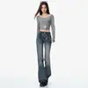 Jeans Azules Grises de Campana Bordados Estilo Retro Americano para Mujer, Nuevos Pantalones Largos de Campana Ajustados de Cintura Baja Verano 2026
