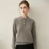 Macio e aconchegante~Suéter feminino 100% cashmere puro com gola polo, blusa de malha casual tipo pullover, elegante suéter com gola virada