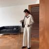 Conjunto de Malha Fashion Transfronteiriço para Mulheres, Conjunto de Duas Peças Casual de Cor Contrastante, Top Solto de Manga Longa, Calça Reta de Cintura Alta com Fenda e Perna Larga