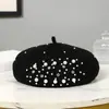 Boina de Lana Tejida con Perlas y Pedrería para Otoño e Invierno, Boina de Lana, Boina de Pintor, Boina de Pintor para Mujer Estilo Británico y Coreano