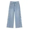 Jeans de Mezclilla Desgastada con Parches Laterales Inspirados en Diseñador para Mujer, Verano 2026, Delgados de Corte Holgado, Favorecedores de la Figura, Pantalones de Pierna Ancha hasta el Suelo