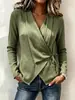 Top exclusivo transfronterizo de manga larga con cuello en V para mujer, con diseño cruzado, estilo europeo y americano, textura de algodón y lino, cintura ajustada y efecto adelgazante, adecuado para uso casual y de oficina