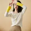 Cardigan Tricot Color Block Simples Generoso com Decote V para Mulheres Outono Vento Ensolarado Brilhante Temperamento Peça de Roupa Externa Feminina Top