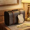 Maleta de madera con estampado de mapa vintage, acabado envejecido, pieza de almacenamiento artística, decoración del hogar, exhibición de tienda, caja de madera para manualidades