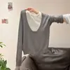 Suéter de Punto para Mujer con Bloques de Color a Rayas Grises y Blancas, Falso Dos Piezas, Manga Larga, Otoño e Invierno 2025, Holgado y Adelgazante, Top Estilo Perezoso