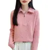 Suéter Pesado de Lã 100% Pura Torcida e Grossa para Mulheres, Camisa Base Tricotada, Corte Solto, Meio Zíper, Gola Alta, Suéter de Outono/Inverno