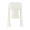 Blusa de tricô feminina estilo coreano com mangas sino vazadas, outono casual, slim fit, cor sólida, visual emagrecedor, peça para cobrir da moda
