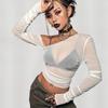 Top Camiseta Feminino de Malha Transparente Sexy com Ombro à Mostra e Mangas Longas Plissadas, Estilo Streetwear Europeu e Americano, Irmã Real Picante