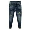 Comércio Exterior Tendência Estilo Coreano Jeans Masculino Cinza Escuro Bordado Artesanal Pesado Slim Fit Calça de Perna Afunilada Estilo Americano Calças Longas de Primavera e Outono