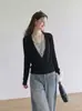 Suéter de punto de dos piezas de alta gama estilo francés en color contrastante para mujer, temporada de primavera, estilo old money, corte relajado, top base de capas con cuello
