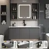 Gabinetes de baño de aluminio tipo panal SPC color blanco crema con esquinas redondeadas combinación de gabinete para lavabo de cerámica lavabo