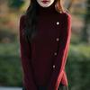 Nuevo Estilo Transfronterizo Otoño e Invierno Suéter de Punto de Cuello Alto a Rayas con Botones para Mujer Jersey Adelgazante Camiseta Básica de Punto Color Sólido con Abertura
