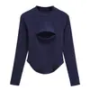 Camiseta de Manga Larga con Cremallera en el Pecho y Cuello Redondo Estilo Americano Sexy para Mujer, Nueva Camisa Top Ajustada Adelgazante con Base Curva para Otoño e Invierno