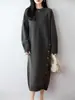 Vestido Casual de Lana Pura para Mujer, Otoño e Invierno Engrosado Cuello Redondo Botón Lateral Holgado Por Encima de la Rodilla Vestido Suéter de Punto Midi
