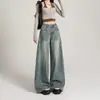 Jeans Americano Retrô Lavado Desgastado Solto de Perna Larga Plus Size, para corpo em formato de pera, versátil, emagrecedor, com bom caimento, calça compriada