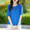 Camiseta de punto de seda helada de manga corta con cuello redondo estilo francés para mujer, Verano 2026, Delgada, Transpirable, Corte holgado, Top adelgazante, Camiseta de manga corta, Nueva