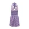 Vestido Floral Estilo Francés de Puro Deseo con Cuello Halter para Mujer, Nueva Colección Primavera/Verano 2026, Ceñido a la Cintura, Espalda Descubierta, Cuello en V, Vestido Corto sin Mangas