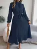 Amazon Transfronterizo Primavera y Otoño Nueva Ropa de Mujer Color Sólido Cuello Alto Manga Larga Cintura Plisada Ceñidor Elegante Vestido
