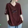 Camiseta Estilo Mãe de Comércio Exterior com Desconto Transfronteiriço, Gola V de Manga Curta para Mulheres, Blusa Estampada de Manga Meia-Manga Soltinha Plus Size para Mulheres