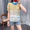 Top Crop Casual Holgado de Punto a Rayas de Manga Corta Mezcla Algodón-Lino para Mujer, Estilo Cos, Moda Femenina Nueva Primavera/Verano 2024