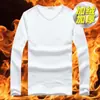 Camiseta de manga larga gruesa con forro polar para hombre, cuello redondo, corte entallado, para otoño e invierno, color liso, cálida, ropa superior