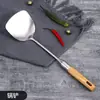 Pala para Saltear de Acero Inoxidable de Alta Calidad Mango de Haya Colador Pala para Saltear Cuchara para Sopa Pala para Freír Juego de Utensilios de Cocina Domésticos Pala para Sartén Cuchara para Freír