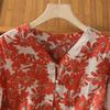 Camisa de Linho Casual Literária e Confortável Feminina Manga Três Quartos Novo Estilo Verão 2025 Decote Exquisito Top Retrô com Flores Grandes