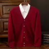Novo Cardigã de Tricô 100% Lã para Primavera e Outono Masculino, Gola V Manga Longa Estilo Coreano Solto Cor Sólida Jaqueta, Suéter Versátil Tendência