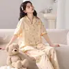 Pijama de Algodão Trançado Respirável para Verão 2026 para Mulheres, Manga Curta Calça Longa, Algodão Puro Amigo da Pele Fofo Desenho Animado Roupa de Casa Conjunto de Três Peças