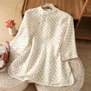 Camisa de Algodão e Linho Estampada de Bolinhas Estilo Retro Artístico Feminina Verão Novo Estilo Versátil Novo Estilo Chinês Gola Redonda Solta Camisa para Cerimônia do Chá