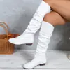 Comércio exterior transfronteiriço Europeu e Americano em estoque 2025 atacado bico redondo slip-on salto quadrado botas femininas, novas botas de outono e inverno de cano médio em PU