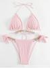 Nuevo Bikini Sexy Dividido para Mujeres con Pecho Pequeño Fruncido en la Costa, de Encaje para Baño Termal Exportación Traje de Baño de Tres Puntos