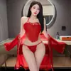 Traje Tang Rojo Estilo Antiguo Hanfu Transparente Sexy Encaje Uniforme Palacio Clásico Banda para el Vientre Lencería
