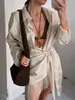 Camisa Casual Holgada con Cuello y Bolsillos, Falda Wrap de Atar con Flecos, Conjunto de Dos Piezas de Camisa Rayada y Falda Estilo Commuter