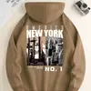 Moletom Estampado Masculino de Nova York, Moletom Gráfico com Bolso Canguru, Moletom Solto e Moderno