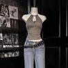 Top Camisola Gris de Cuello Halter Estilo Americano Vintage para Mujer, Atuendo de Chica Picante Retro de Verano, Camiseta sin Mangas Ajustada
