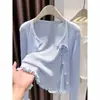 Cárdigan de Punto Transparente de Seda Helada Estilo Coreano Azul para Mujer, Vestido de Verano sin Mangas con Superposición Floral Fruncida