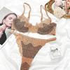 Lingerie Sexy Francesa para Mulheres Verão Fina Xadrez Renda Sutiã Mostrando Seios Grandes Conjunto de Roupa Íntima Pequena Anti-Queda